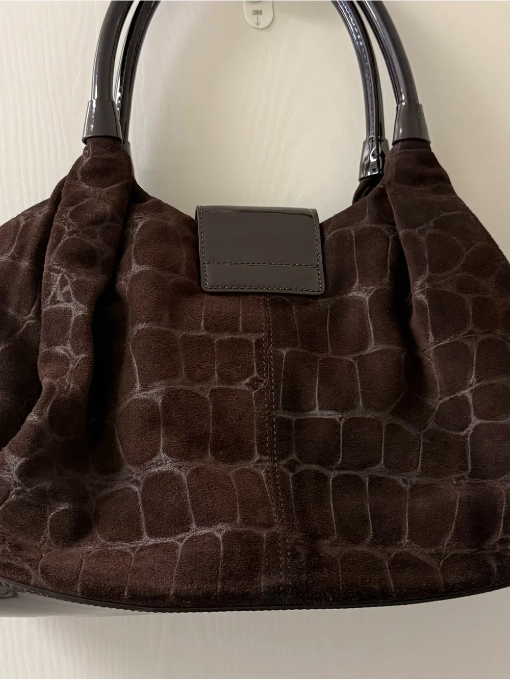 kate spade Brown Croc-Embossed Suede Satchel with Patent Trim